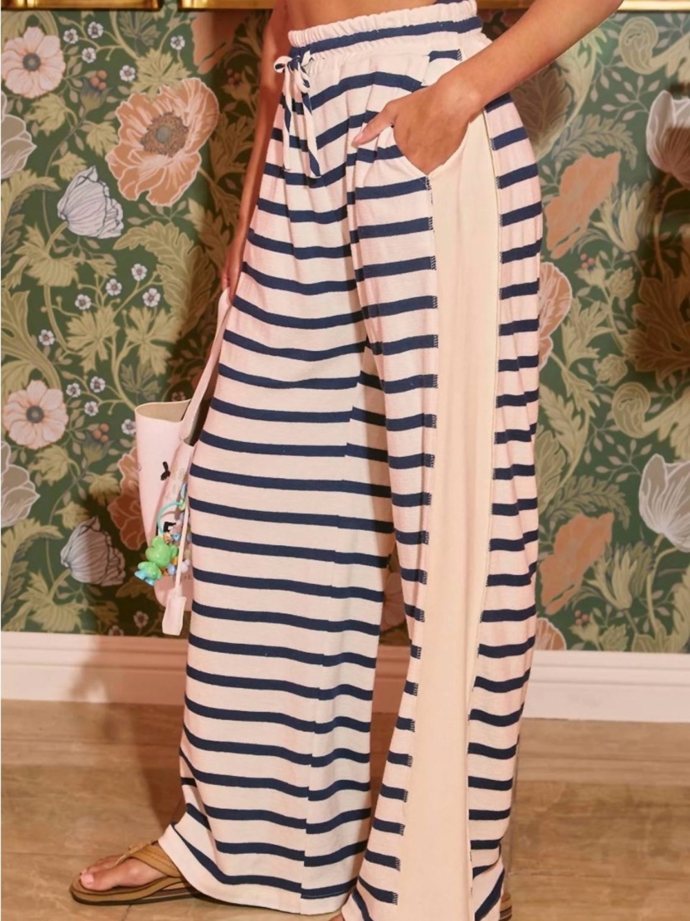 BUCKETLIST Navy & Cream Striped Wide-Leg Pants